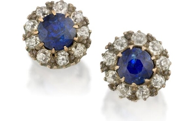 A pair of sapphire and diamond earrings, in the form of 19th century claw-set circular-cut sapphire and old-brilliant-cut diamond clusters, later converted to earstuds, post fittings, approx. width of clusters 9mm