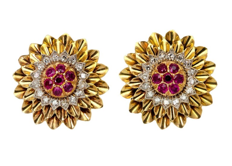 A pair of synthetic ruby and diamond earrings, each of flower head design, centring on a cluster of circular-cut synthetic rubies framed by single-cut diamonds, post fittings.