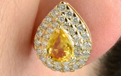 A pair of yellow sapphire and diamond pear-shape cluster earrings.