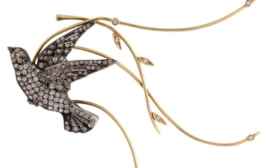 A paste and diamond bird brooch, by Depy Chandris, depicting a bird in flight set with colourless paste with applied foliate bars accented with circular-cut diamonds, unsigned, dimensions 4cm x 8cm