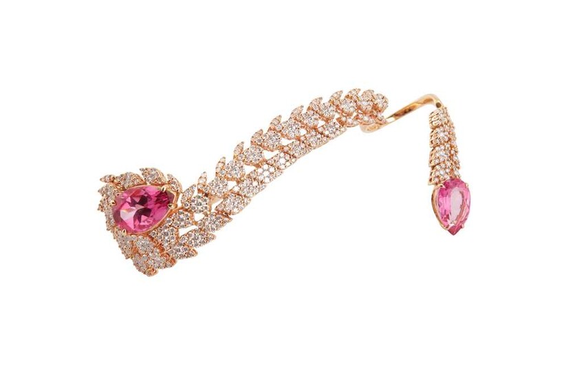 A pink tourmaline and diamond two-finger dress ring