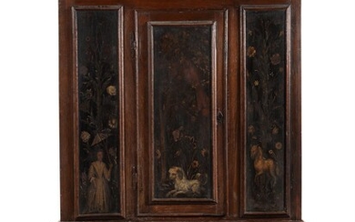 A rare William III oak and polychrome painted press cupboard