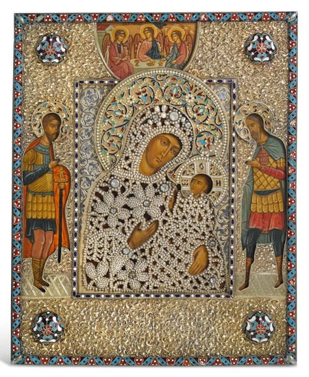 A RARE SILVER-GILT, NIELLO, CLOISONNÉ ENAMEL AND SEED PEARL ICON OF THE JERUSALEM MOTHER OF GOD, A.M. POSTNIKOV PARTNERSHIP, MOSCOW, 1892