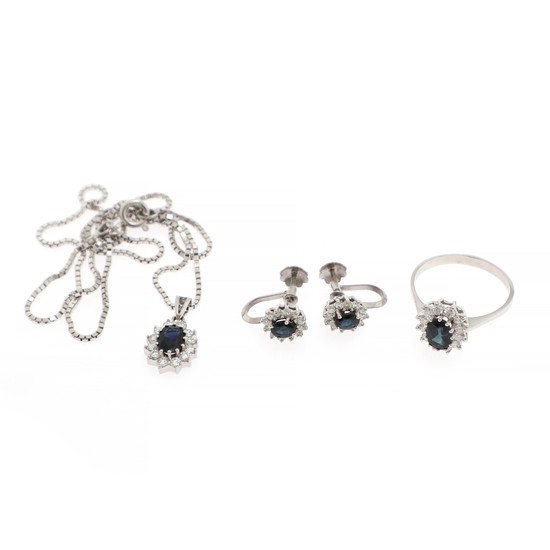A sapphire and diamond jewellery set comprising a ring, a pendant and a pair of ear screws each set with a sapphire and diamonds, mounted in 14k white gold. (5)