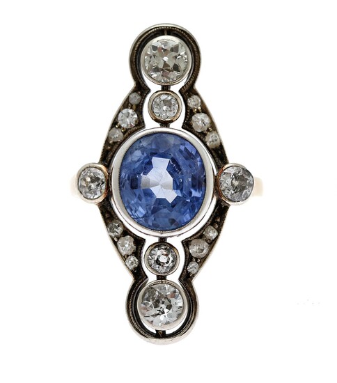 NOT SOLD. A sapphire and diamond ring set with a sapphire encircled by numerous diamonds,...