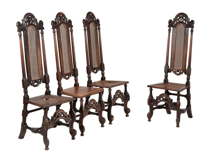 A set of four walnut and beech highback side chairs in William & Mary style