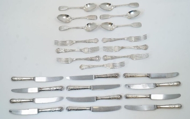A set of six Victorian silver dessert spoons, London, 1857, Samuel Hayne & Dudley Cater, fiddle pattern, with engraved monogram to handles; together with seven assorted silver plated Kings pattern forks; and twelve assorted Kings patterns knives...