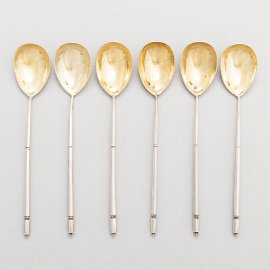 A set of six parcel-gilt silver tea spoons, maker's mark of Nikolay Pavlov, Moscow, Russia 1908-17.