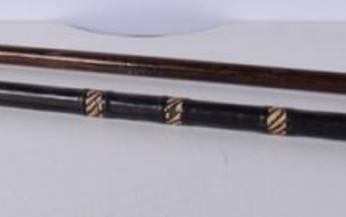 A wooden walking cane with a 9 Ct gold collar stamed 1928 together with another leather encased Indi