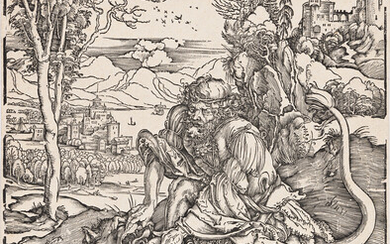 ALBRECHT DÜRER Samson Fighting with the Lion. Woodcut, circa 1496-97. 383x274 mm; 15...