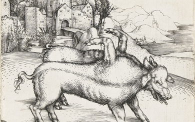 ALBRECHT DÜRER The Monstrous Pig of Landser. Engraving, circa 1496. 120x128 mm; 4¾x...