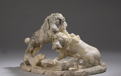 ALLEMAGNE, fin du XVIIe siècle Jeux de chiens Groupe sculpté en albâtre veiné probablement élément...