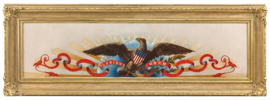 AMERICAN SCHOOL, 19th Century, "E. Pluribus Unum"., Oil on canvas, 12" x 50". Framed 21" x 58".
