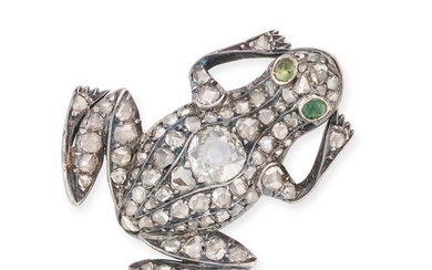 AN ANTIQUE DIAMOND AND EMERALD FROG BROOCH in silver, designed as a frog set with an old cut diamond
