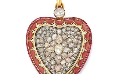 AN ANTIQUE DIAMOND, RUBY AND ENAMEL HEART PENDANT set