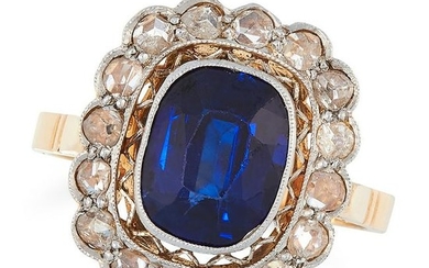 AN ANTIQUE SYNTHETIC SAPPHIRE AND DIAMOND CLUSTER RING