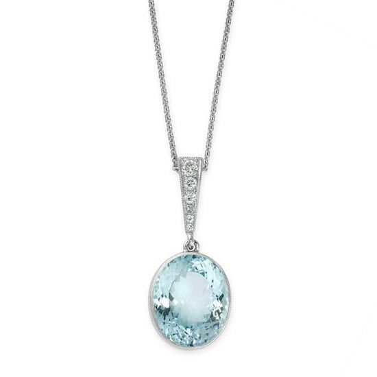 AN AQUAMARINE AND DIAMOND PENDANT AND CHAIN set with an