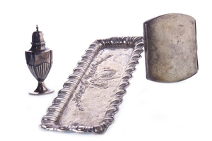 AN EDWARDIAN SILVER TRAY, CIGARETTE CASE AND