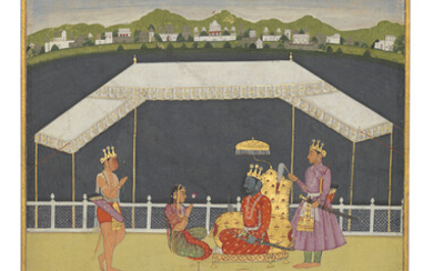 AN ILLUSTRATION FROM A RAMAYANA SERIES: HANUMAN OFFERS RESPECTS TO RAMA INDIA, RAJASTHAN, BIKANER, CIRCA 1730