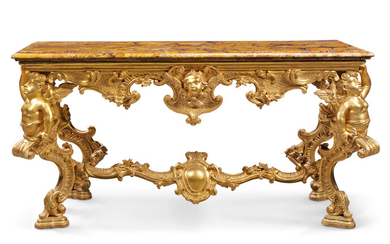 AN ITALIAN GILTWOOD CONSOLE TABLE, 18TH CENTURY AND LATER, THE 18TH CENTURY TOP ASSOCIATED