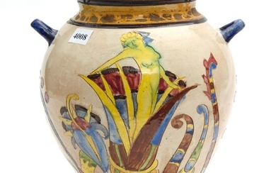 AN ITALIAN HANDPAINTED FAIENCE POTTERY VASE. DEPICTING A NUDE WOMAN. MARKED ASSISI