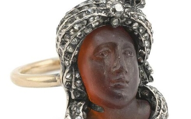 ANTIQUE CARVED CHALCEDONY AND DIAMOND TURK’S HEAD CAMEO