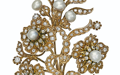 ANTIQUE DIAMOND AND NATURAL PEARL BROOCH