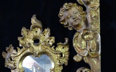 ANTIQUE GILT FRAMED MIRROR AND FIGURAL ARCHITECTURAL ELEMENT 23 1/2" X 16" MIRROR