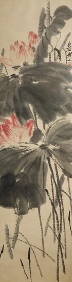 APRÈS QI BAISHI (20e SIÈCLE) LOTUS Peinture chinoise, encre et couleur sur papier, portant une...