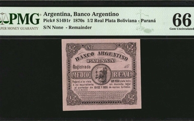 ARGENTINA. Banco Argentino. 1/2 Real Plata Boliviana, 1870s. P-S1491r. Remainder. PMG Gem Uncirculated 66 EPQ.
