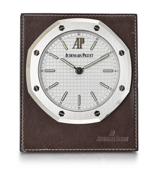 AUDEMARS PIGUET | ROYAL OAK, A STAINLESS STEEL AND LEATHER TABLE CLOCK, CIRCA 2010