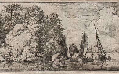 Allart van Everdingen ( 1621-1675 )- Two barges moored next to a large rock
