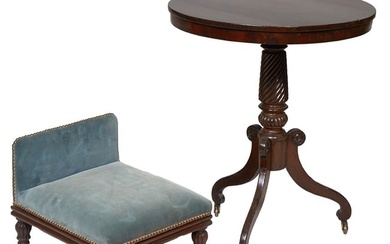 American Classical Carved Mahogany Tilt Top Center Table and Gout Stool, 19th c., Table- H.- 30 1/2