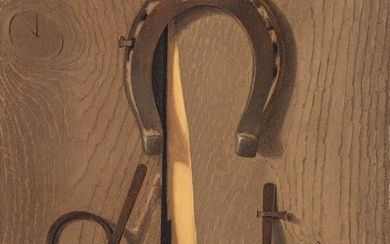 American School Trompe L'œil Oil on Canvas "Horseshoe And Snaffle Bit", H 16" W 13"