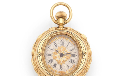 An 18K gold open face enamelled keyless wind pocket watch...