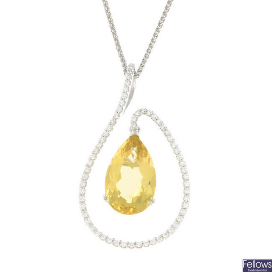 An 18ct gold heliodor and brilliant-cut diamond pendant, with 18ct gold chain.