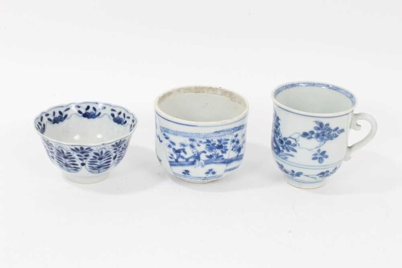An 18th century Chinese blue and white tea bowl, a beaker and a bowl