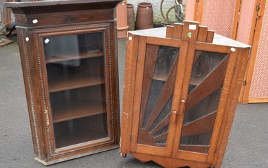An Art Deco oak corner wall display cabinet and an earlier mahogany similar