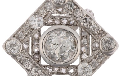 An Art Deco platinum diamond geometric panel ring, centrally...
