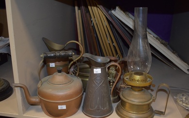 An Art Nouveau 'Sankey' brass jug sold along with a selection of brass and copper including an oil