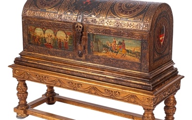 An Austrian painted and parcel gilt marriage coffer on stand...
