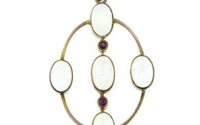 An early 20th century 9ct gold moonstone and ruby pendant.
