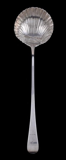 An early George III silver old English feather edge soup ladle by Robert Sallam
