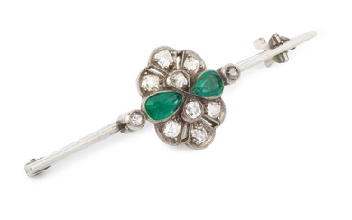An emerald and diamond cluster bar brooch, the uniform bar...