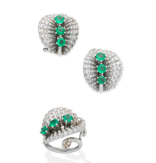 An emerald and diamond ring and earring suite