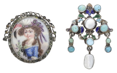 An enamel portrait pendant and a turquoise and freshwater pearl pendant, the...