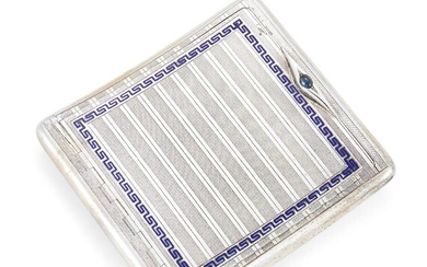 An enamelled cigarette case, stamped 935, of square, concave form, the hinged lid and underside decorated with engine turned striations within geometric blue enamelled border, designed with sapphire cabochon thumbpiece and gilded, monogrammed...