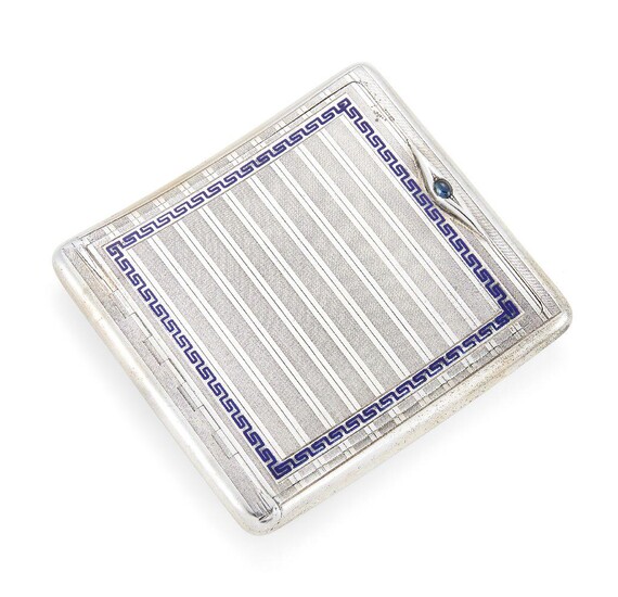 An enamelled cigarette case, stamped 935, of square, concave form, the hinged lid and underside decorated with engine turned striations within geometric blue enamelled border, designed with sapphire cabochon thumbpiece and gilded, monogrammed...