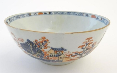 An oriental bowl decorated with landscape scenes and