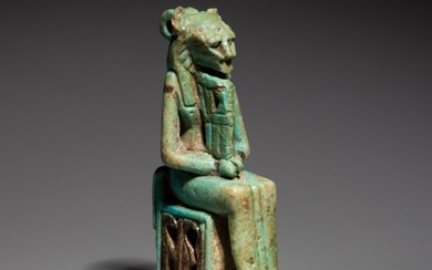 Ancient Egyptian Faience Amulet of the goddess Sekhmet. Late Period, 664 - 323 BC. 7 cm H. Spanish Export License.